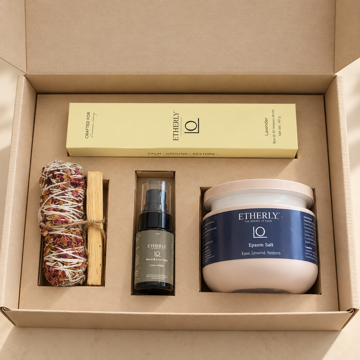 Open Energy Cleansing Kit box with incense, a sage bundle with palo santo, mist bottle and jar