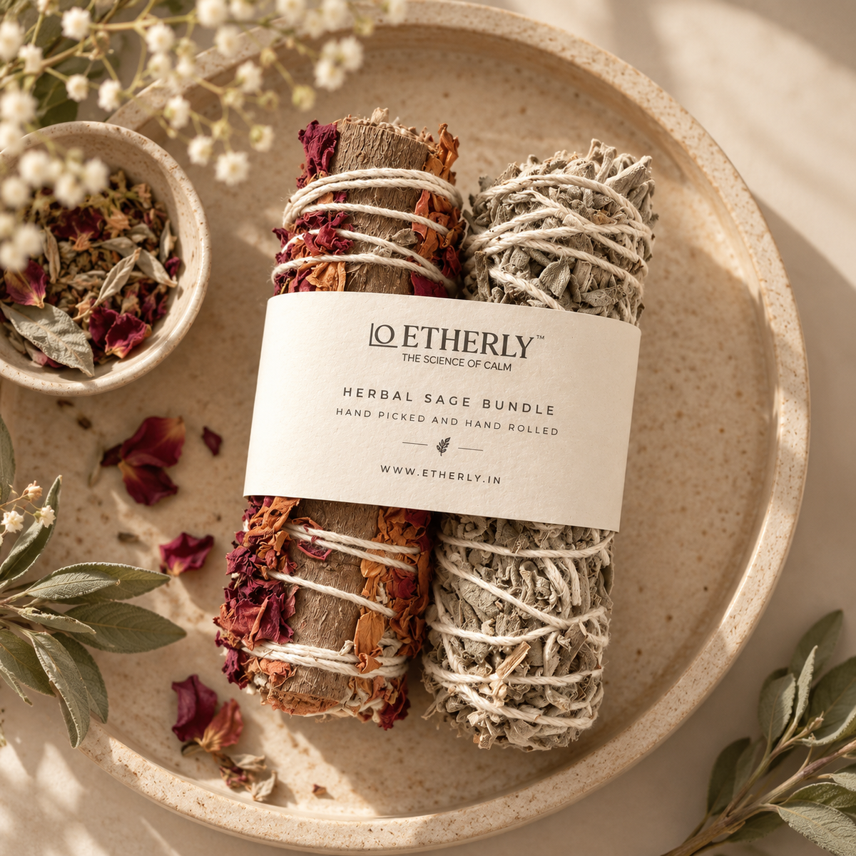 Sage Ritual Bundle set of two, rose petal and white sage, on a stone tray