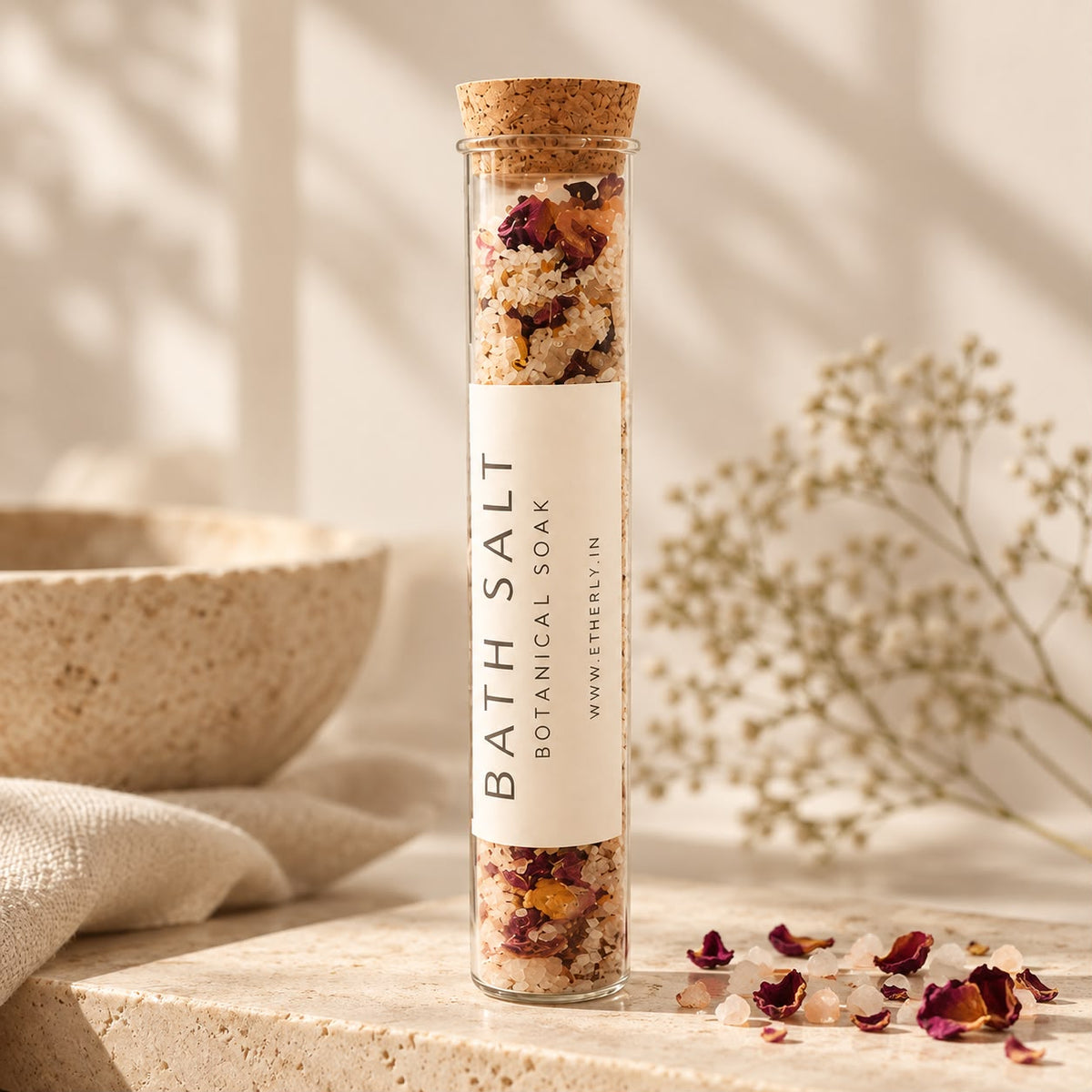 Rose Botanical Mineral Soak in a corked glass tube with dried rose petals
