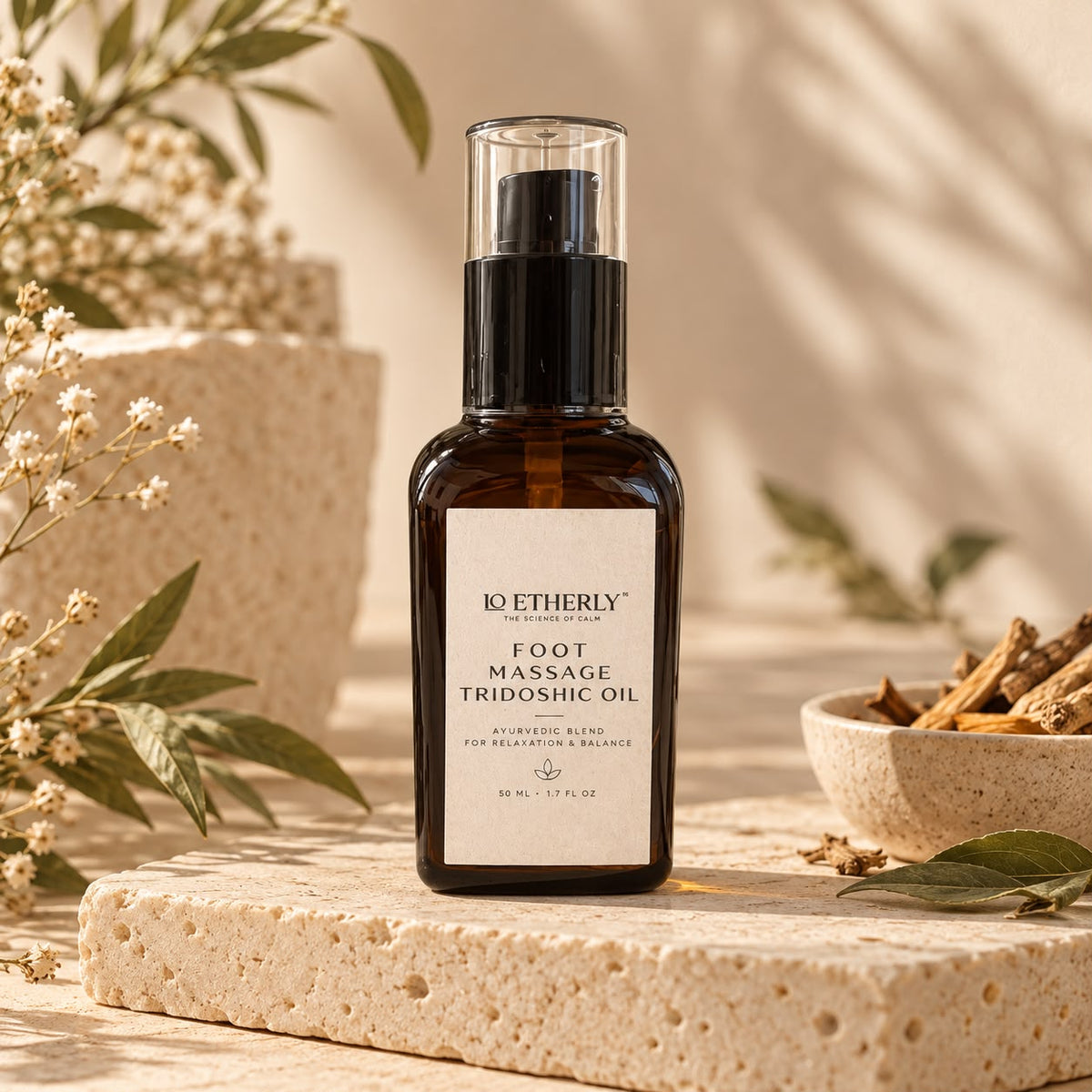 Tridoshic Botanical Foot Oil in an amber pump bottle on a stone block with dried herbs