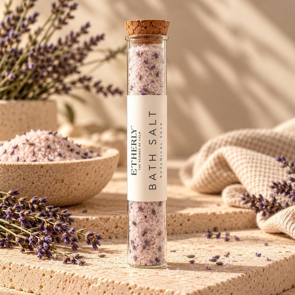 Lavender Mineral Soak in a corked glass tube with lavender sprigs and a bowl of bath salt.