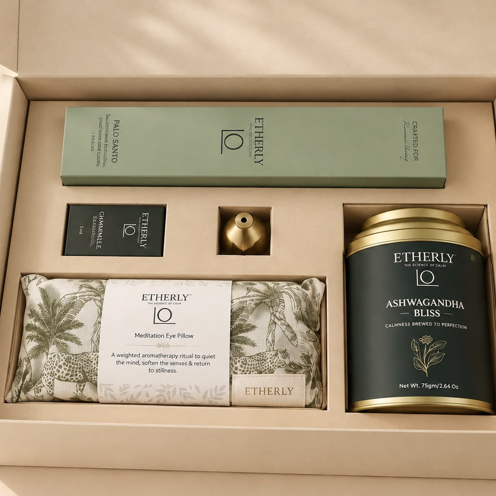 Open Morning Ritual Kit box with incense, solid perfume, incense holder, eye pillow and Ashwagandha tea
