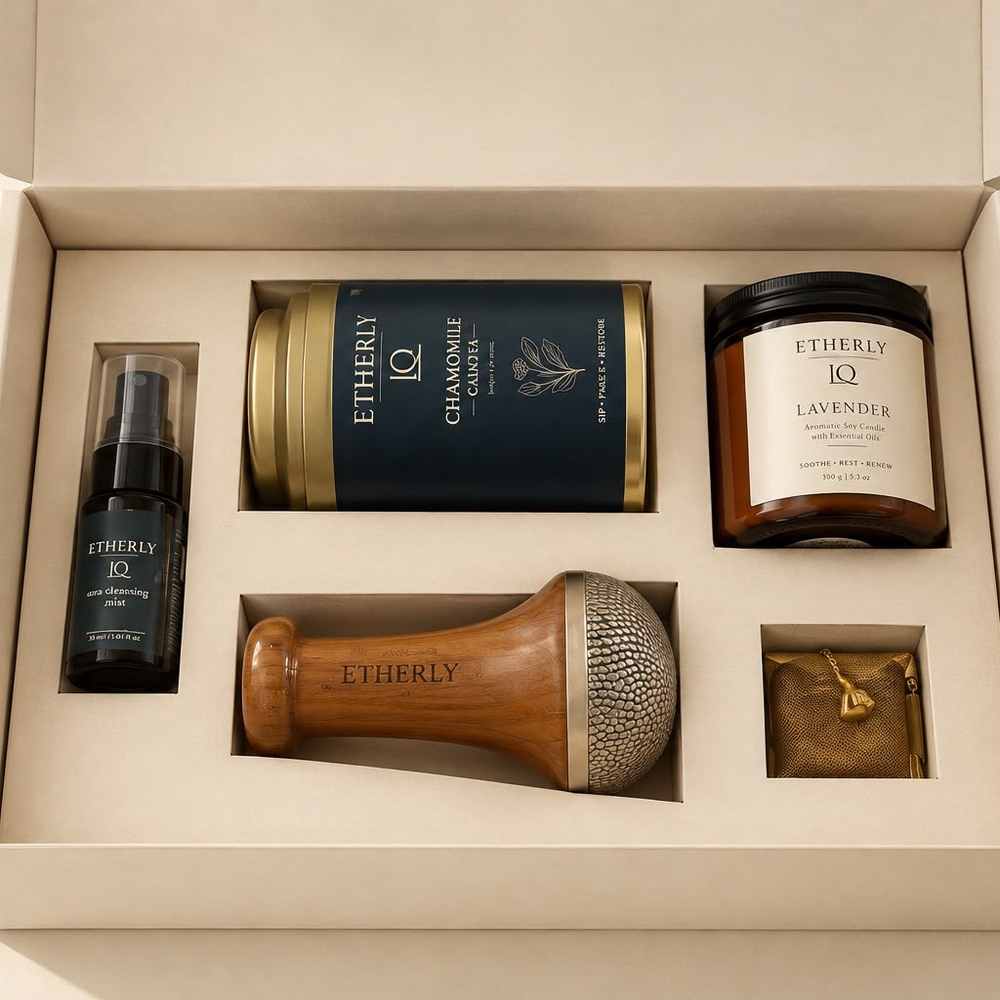 Open Night Ritual Kit with a mist bottle, chamomile tea tin, lavender candle and kansa vatki